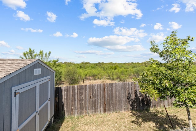 view of yard featuring a storage shed