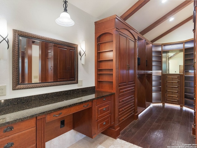 bathroom featuring recessed lighting, vanity, wood finished floors, and lofted ceiling with beams