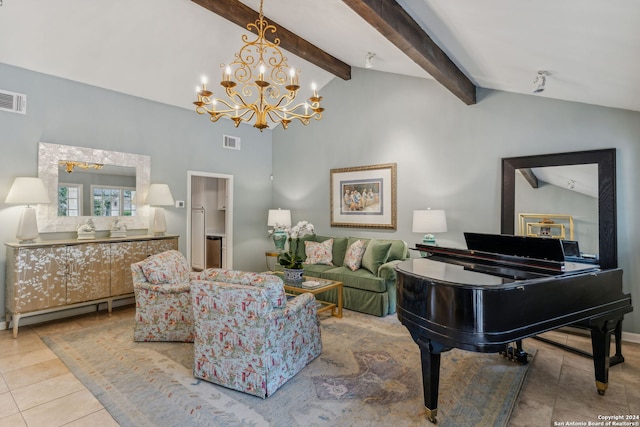 tiled living room featuring an inviting chandelier and lofted ceiling with beams