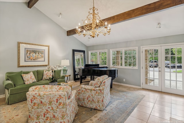 living room with french doors, beam ceiling, high vaulted ceiling, light tile patterned floors, and a chandelier