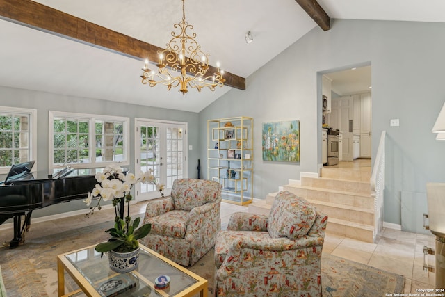 tiled living room featuring french doors, vaulted ceiling with beams, and an inviting chandelier