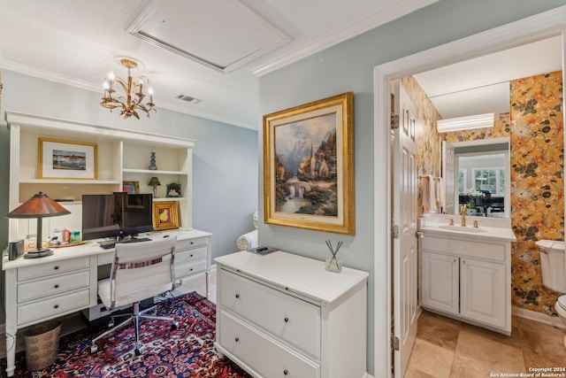 office space with crown molding, a chandelier, and sink