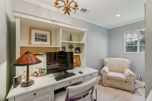 home office featuring ornamental molding, a chandelier, and light tile patterned floors