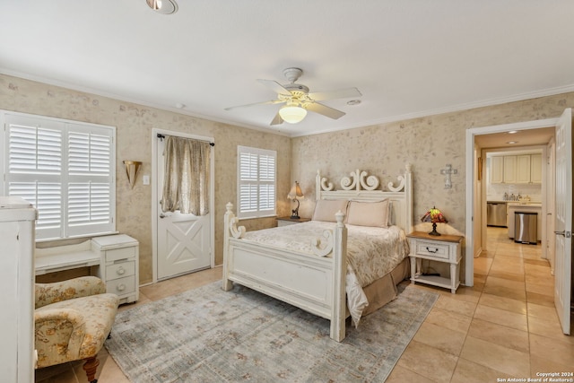 tiled bedroom with ornamental molding and ceiling fan