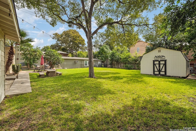 view of yard with a shed and a patio