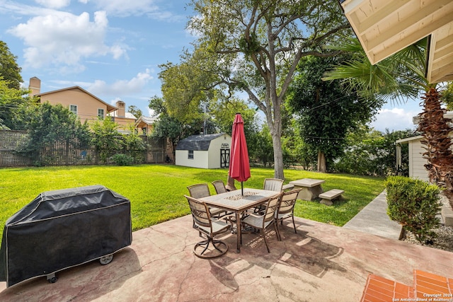 view of patio with a shed and grilling area