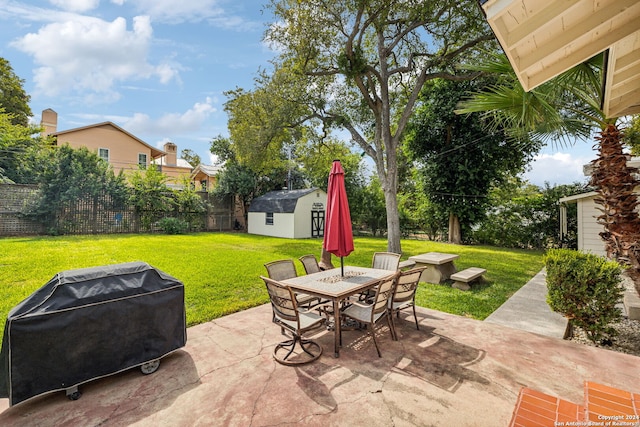 106 Morningside Dr, Terrell Hills, TX 78209 - view of patio / terrace featuring a shed, an outbuilding, outdoor dining area, grilling area, and a fenced backyard