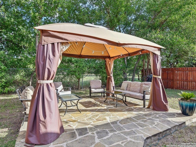 view of patio with a gazebo and an outdoor hangout area