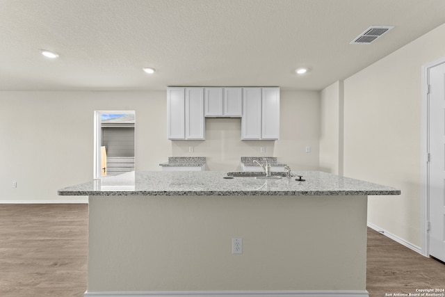 kitchen with white cabinets, sink, light stone countertops, and a kitchen island with sink