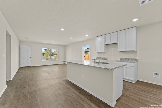 kitchen featuring white cabinets, a kitchen island with sink, dark wood-type flooring, and sink