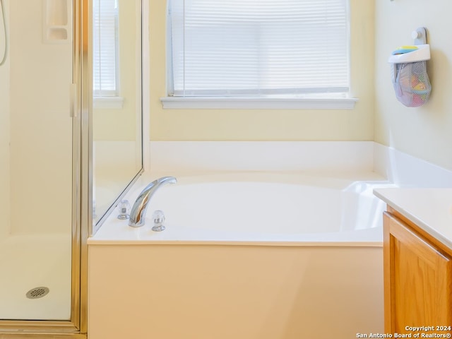 bathroom with a healthy amount of sunlight, shower with separate bathtub, and vanity