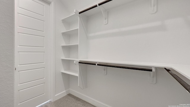 walk in closet featuring light carpet