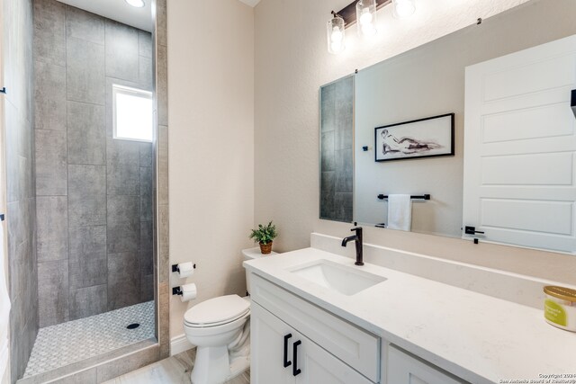 bathroom featuring vanity, toilet, and tiled shower