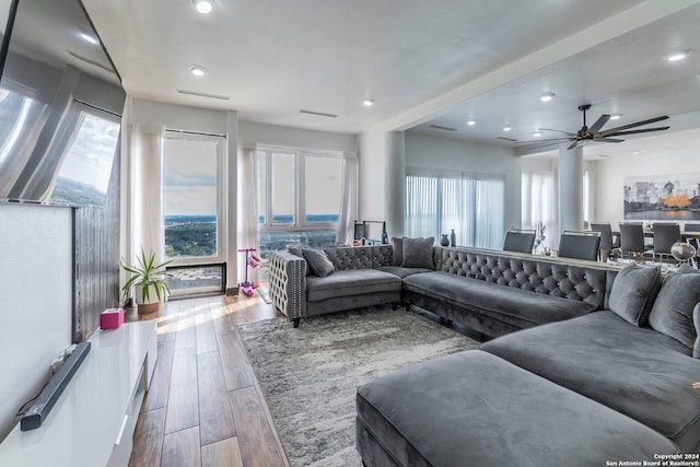 living room with a healthy amount of sunlight, wood-type flooring, and ceiling fan