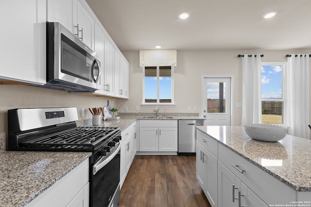 kitchen with white cabinets, appliances with stainless steel finishes, light stone counters, dark hardwood / wood-style flooring, and sink