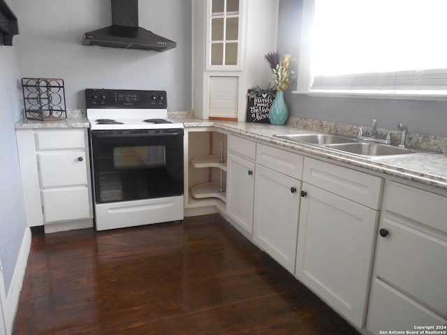 kitchen featuring white electric range, white cabinetry, range hood, and dark hardwood / wood-style floors