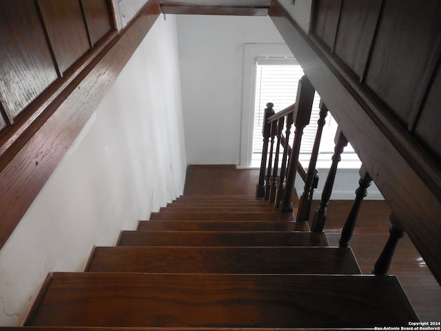 staircase with hardwood / wood-style flooring