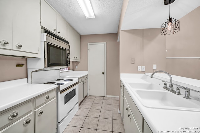 kitchen with white cabinetry, sink, white range with electric cooktop, a textured ceiling, and decorative light fixtures