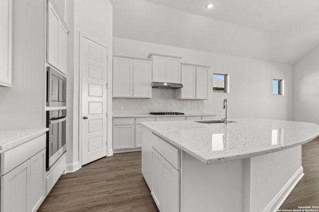 kitchen with dark hardwood / wood-style flooring, white cabinetry, an island with sink, and appliances with stainless steel finishes