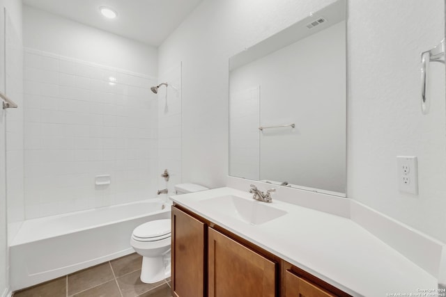 full bathroom with visible vents, toilet, shower / bathtub combination, tile patterned flooring, and vanity