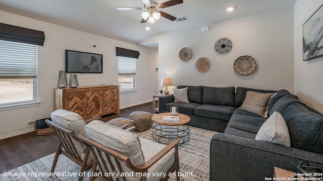 living room featuring ceiling fan and dark hardwood / wood-style flooring