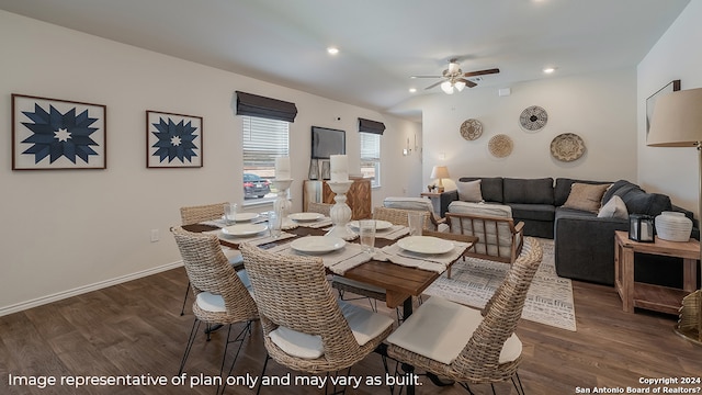 dining area featuring dark wood-type flooring and ceiling fan