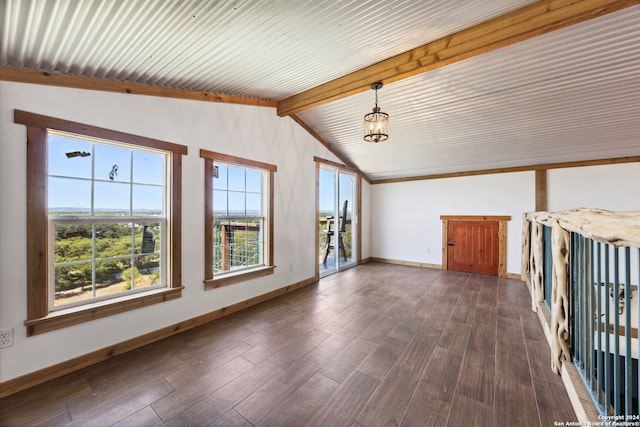 interior space with wooden ceiling, vaulted ceiling with beams, and dark hardwood / wood-style floors