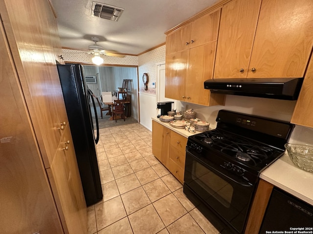 kitchen with light tile patterned floors, black appliances, ceiling fan, and range hood