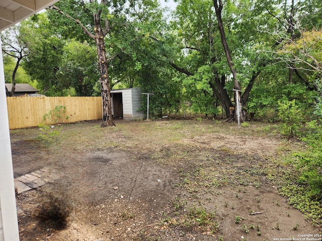 view of yard featuring a storage shed