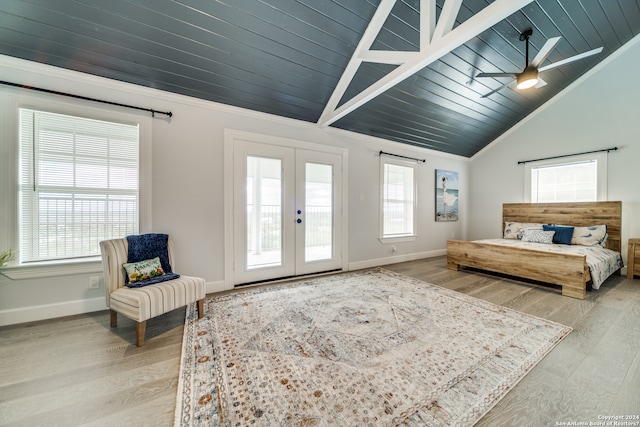 bedroom with wood ceiling, ceiling fan, wood-type flooring, and access to outside