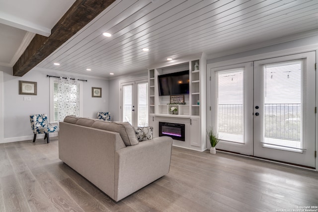 living room with light hardwood / wood-style flooring, a healthy amount of sunlight, and french doors