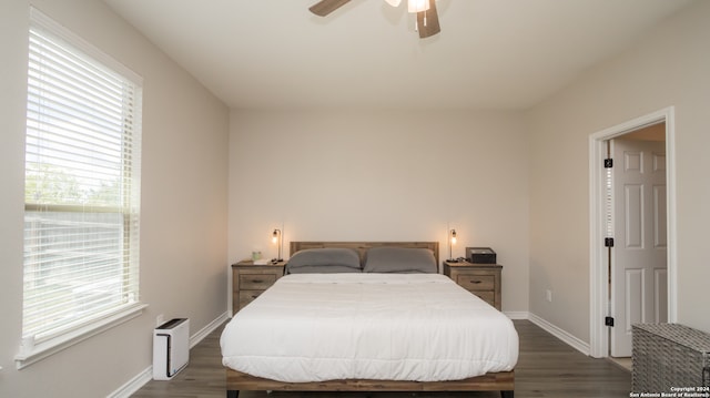 bedroom featuring ceiling fan and dark hardwood / wood-style floors