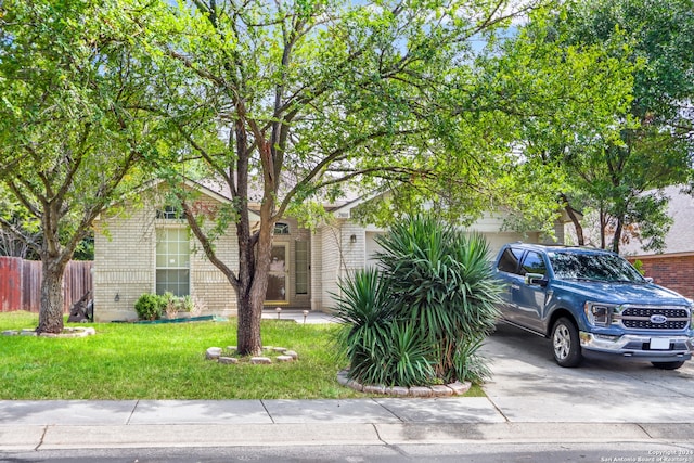 obstructed view of property with a front lawn