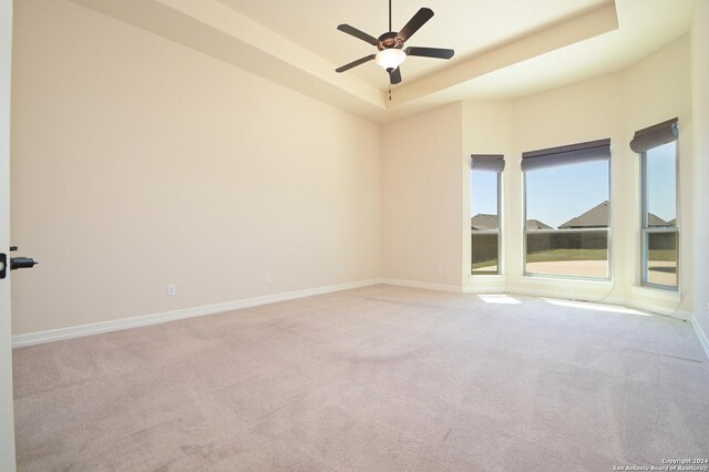 spare room with light colored carpet, ceiling fan, and a tray ceiling