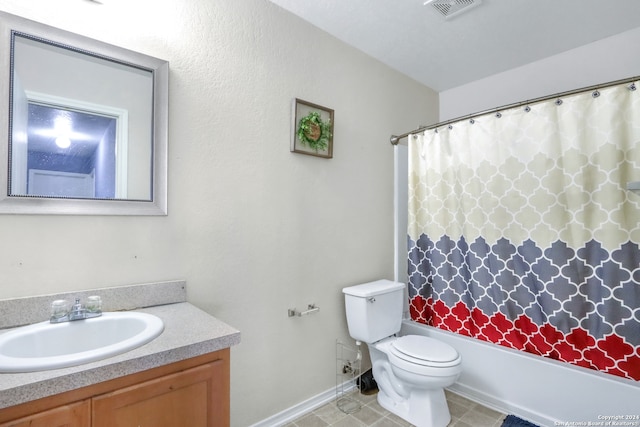 full bathroom featuring vanity, toilet, and shower / bathtub combination with curtain