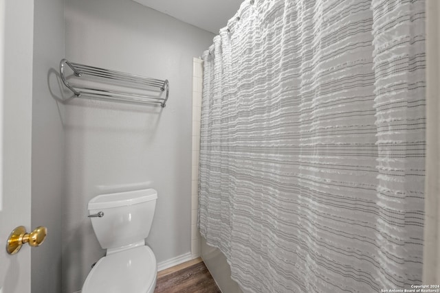 bathroom featuring toilet, hardwood / wood-style floors, and walk in shower