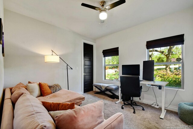 carpeted office space with ceiling fan