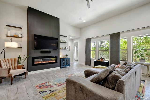 living room with light hardwood / wood-style flooring and a fireplace