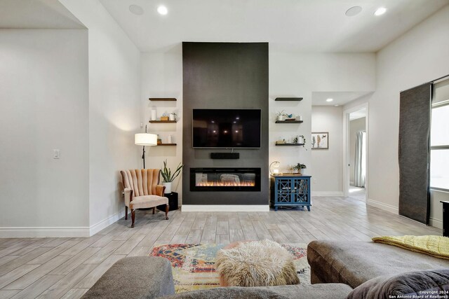 living room featuring a fireplace and light hardwood / wood-style floors