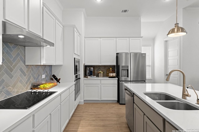 kitchen with hanging light fixtures, backsplash, appliances with stainless steel finishes, light hardwood / wood-style floors, and sink