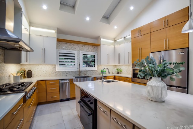 kitchen with wall chimney range hood, backsplash, appliances with stainless steel finishes, and a sink