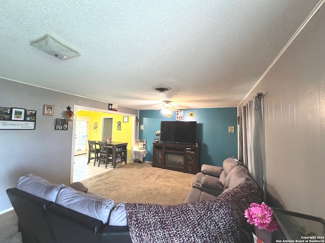 living room featuring a textured ceiling and carpet flooring