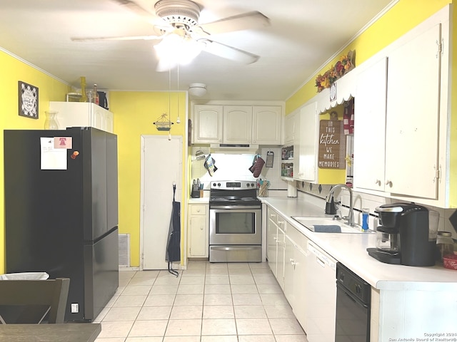 kitchen featuring crown molding, white cabinetry, black appliances, sink, and ceiling fan