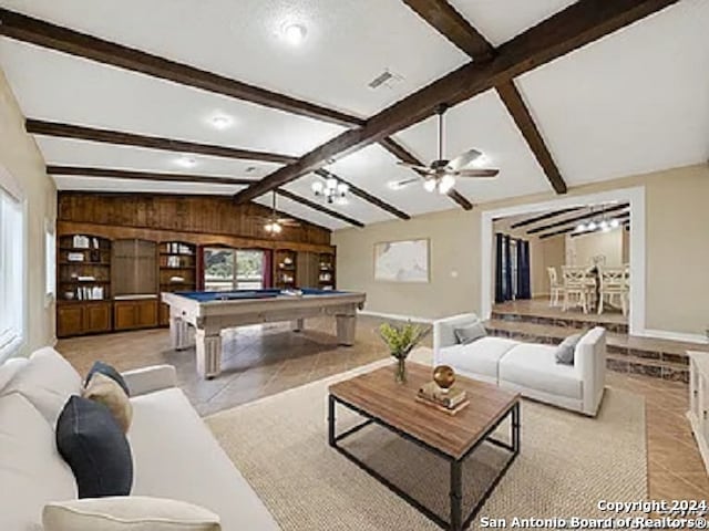 living room with vaulted ceiling with beams, ceiling fan, light tile patterned flooring, and billiards