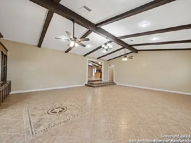 unfurnished living room with vaulted ceiling with beams, ceiling fan, and light tile patterned floors