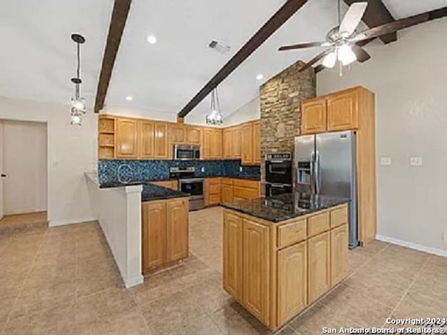 kitchen featuring lofted ceiling with beams, hanging light fixtures, backsplash, appliances with stainless steel finishes, and ceiling fan