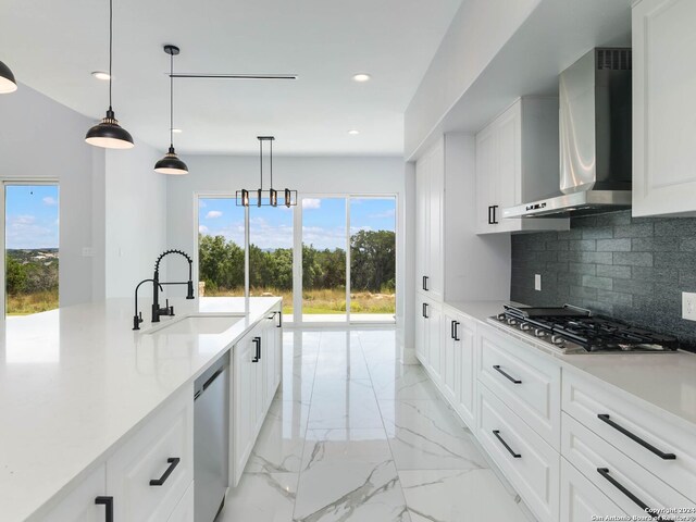 kitchen featuring white cabinets, sink, stainless steel appliances, and wall chimney range hood