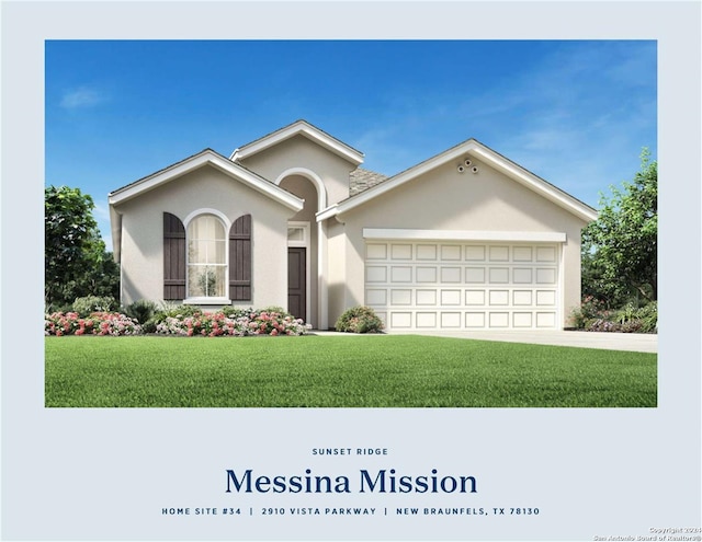 view of front of property featuring a front yard, an attached garage, concrete driveway, and stucco siding