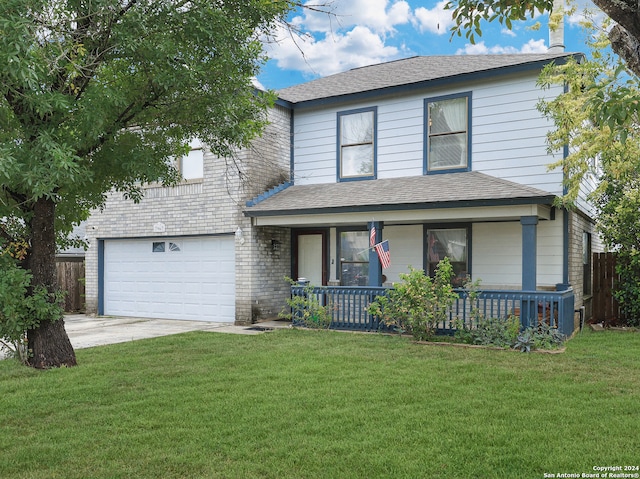 view of property featuring a porch, a garage, a front lawn, and central air condition unit