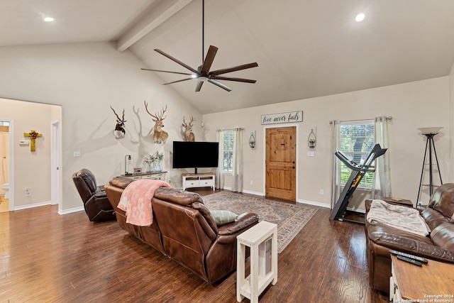 living room featuring dark wood-type flooring, beamed ceiling, high vaulted ceiling, and ceiling fan